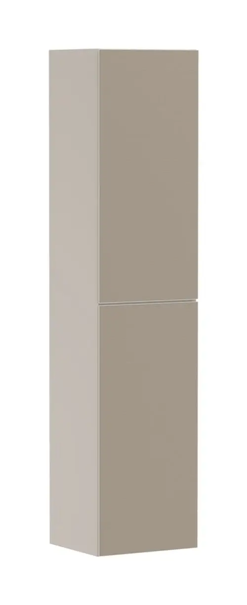 Hochschrank in Sandbeige von Hansgrohe mit zwei vertikalen Türen, Türanschlag links, einfache, glatte Oberfläche ohne sichtbare Griffe.